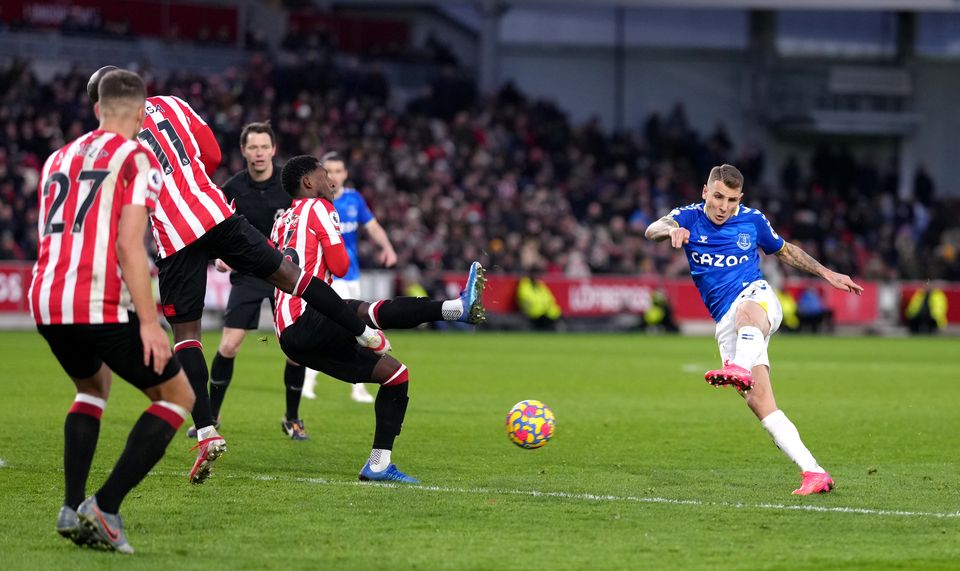 Lucas Digne (right), in action for Everton against Brentford, is poised to sign for Aston Villa (John Walton/PA Images).