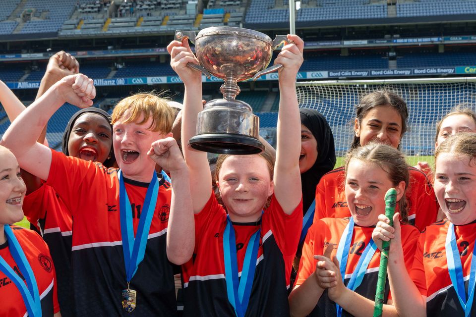 Sciath INTO: Lucan Educate Together NS captain Aoibh McSweeney with the cup after their game with Scoil Naomh Áine, Clondalkin