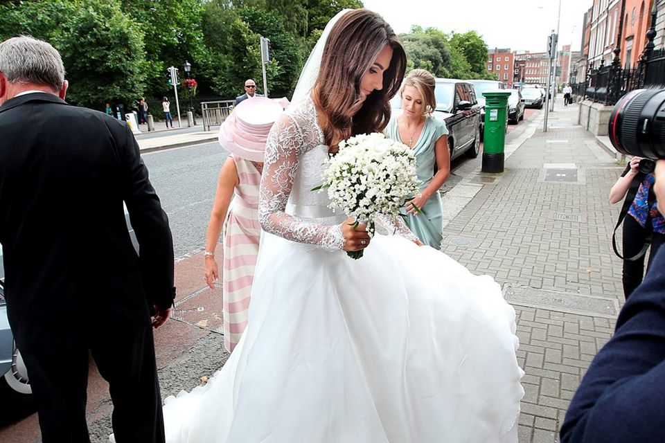 Sheena O’Buachalla arrives for her wedding to Jamie Heaslip at Newman University Church on St Stephen’s Green. Photo: Steve Humphreys
