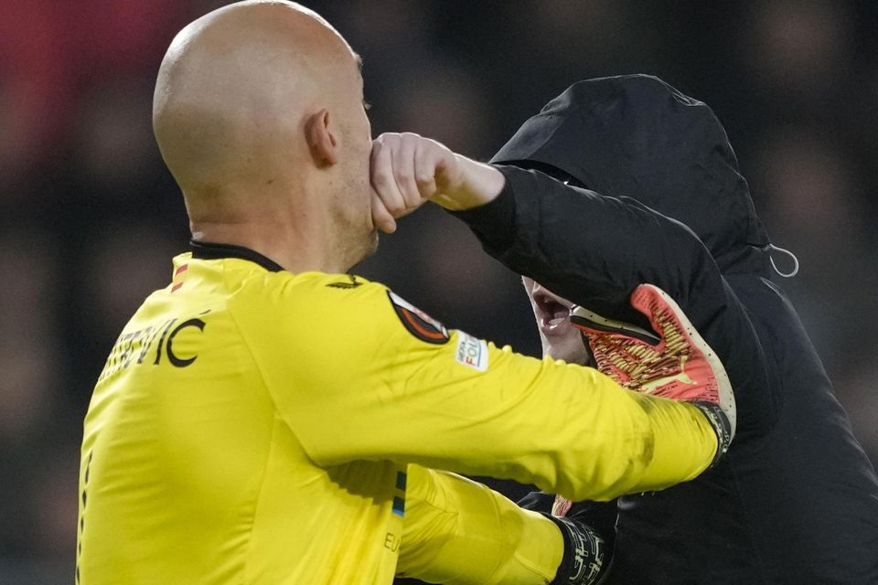 A PSV supporter punches Sevilla’s goalkeeper Marko Dmitrovic in the face (Peter Dejong/AP)