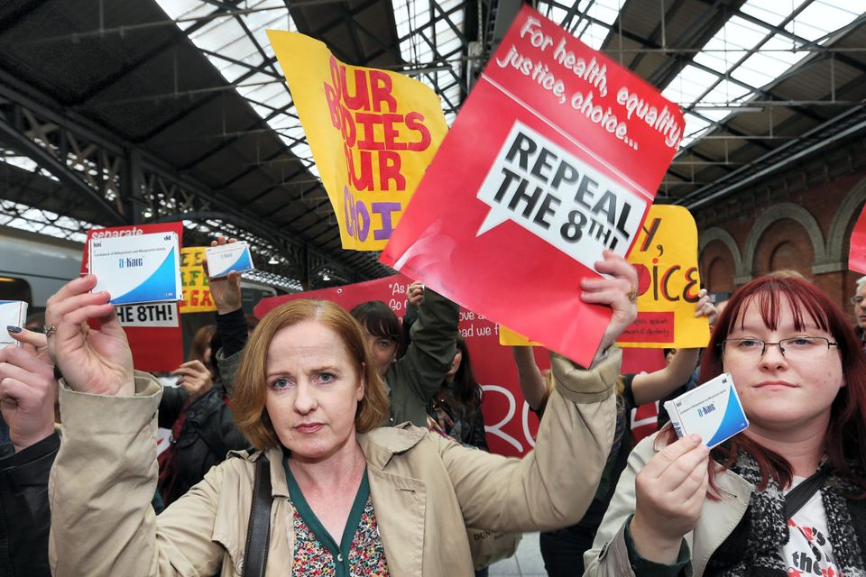 Some of the Pro Choice activists including Ruth Coppinger TD  (left) and Rita Harrold, RITA organiser, (right) at Connolly Station in Dublin yesterday. Photo: Steve Humphreys