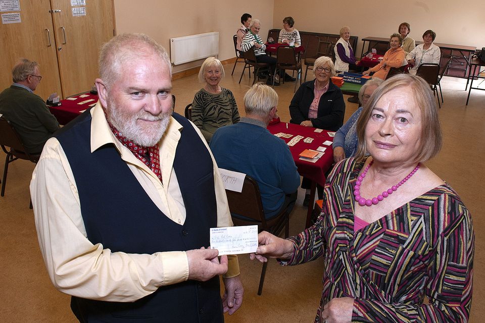 A cheque was presented to the Red Cross Syrian Turkey Earthquake fund from the Excel Bridge Club in the Pastoral Centre, St Michael's Church. Gorey on Thursday. Pictured holding the cheque were Kevin Conroy and May Walsh. Pic: Jim Campbell