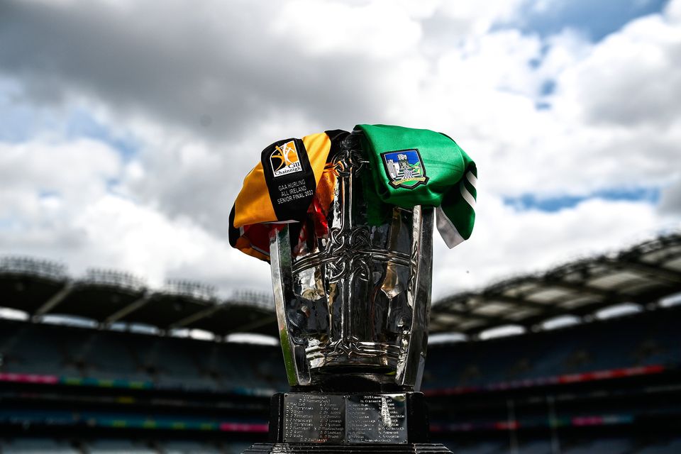 The Liam MacCarthy Cup adorned in the colours of Kilkenny and Limerick. Photo: Sportsfile
