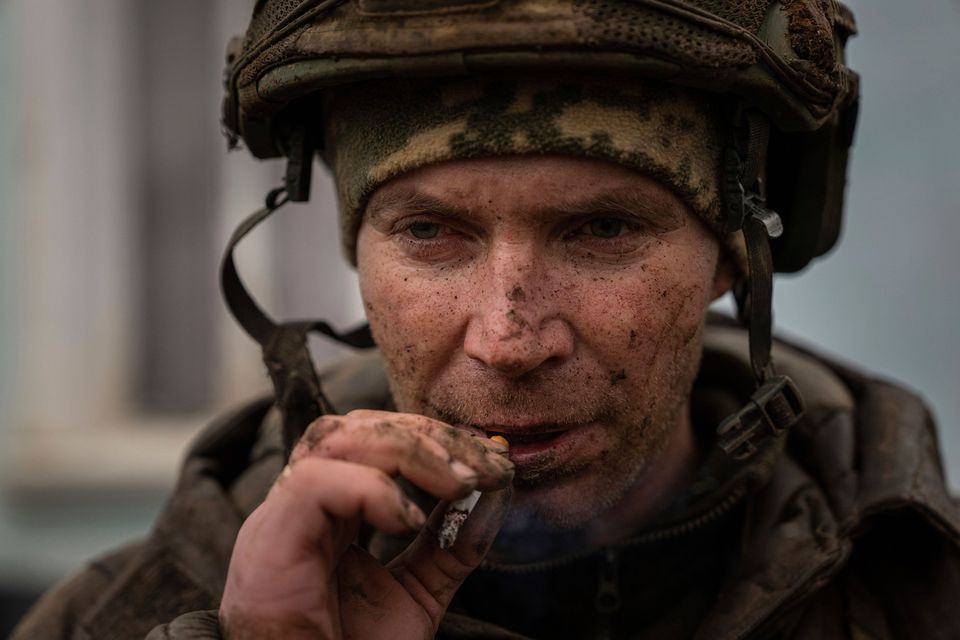 A Ukrainian soldier after returning from the trenches of Bakhmut in Chasiv Yar, Ukraine. Photo: AP