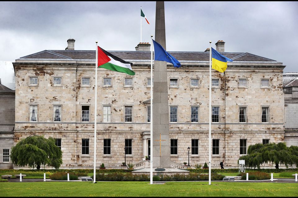 Le drapeau palestinien a été hissé à Leinster House.  Photo : Steve Humphreys