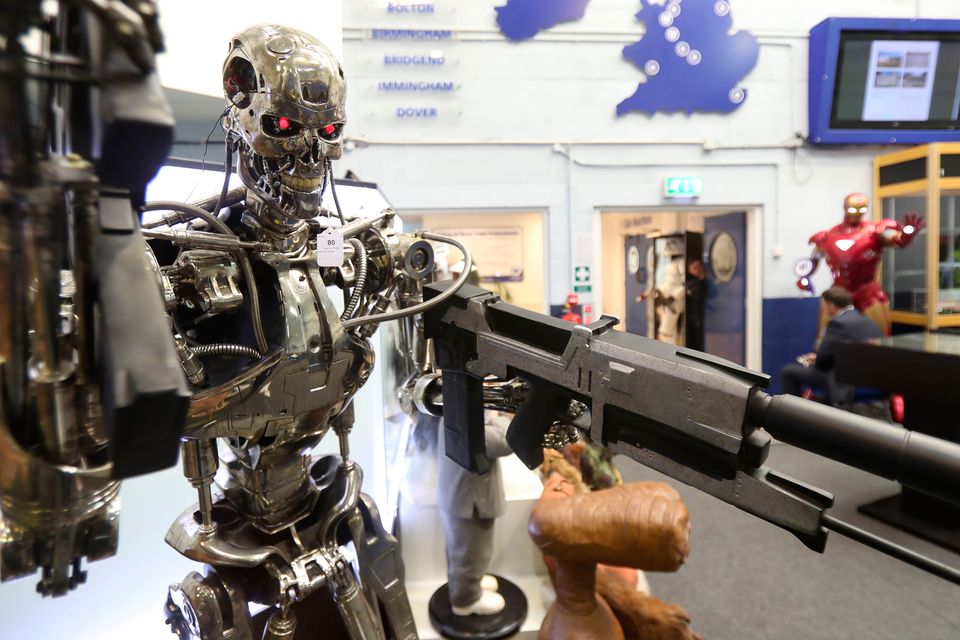 A Terminator film replica among items seized from a drug lord behind a cannabis factory in a nuclear bunker which are to be auctioned at Wilsons Auctions in Mallusk Co Antrim. PRESS ASSOCIATION Photo. Picture date: Thursday October 26, 2017. Photo credit should read: Niall Carson/PA Wire