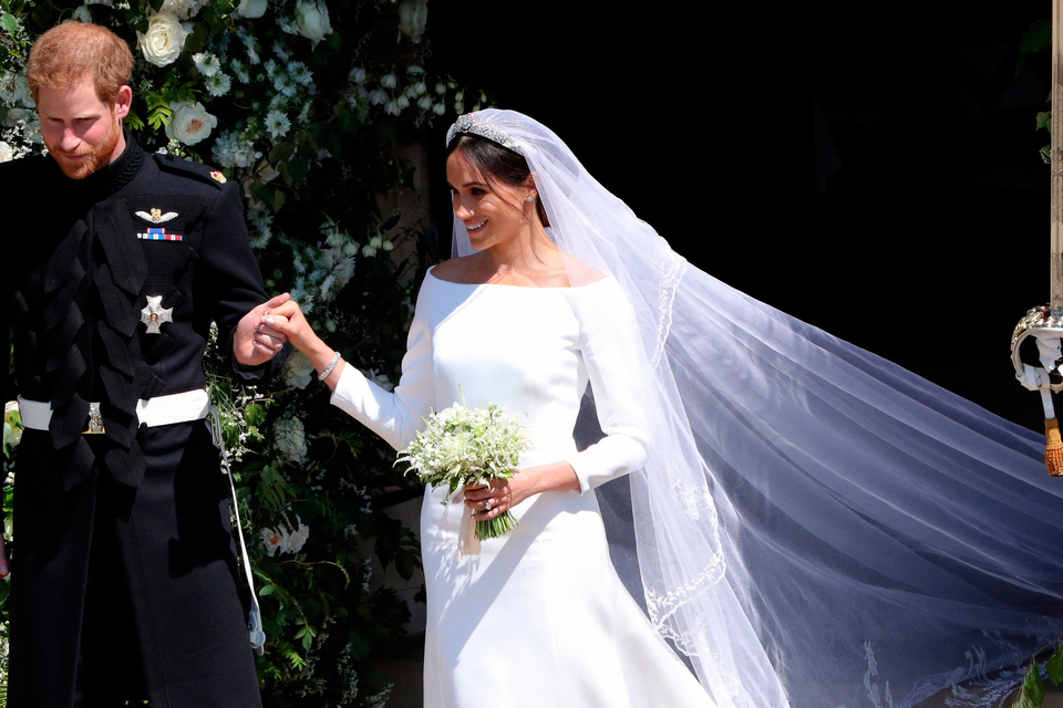 Meghan’s flower-embroidered veil. Photo: PA