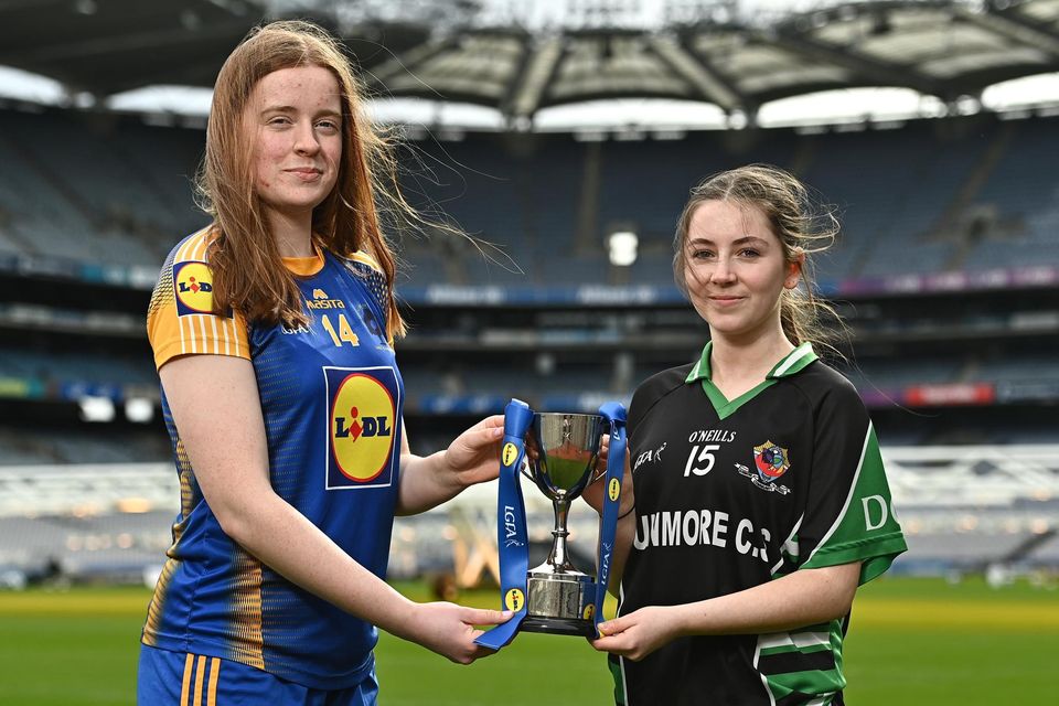 Presentation Milltown captain Aideen O'Brien, left, and Amy O'Connor of Dunmore Community School, Galway - whose schools meet in the Lidl All-Ireland Post-Primary Schools Junior 'C' finals on Saturday at the Captains' Day in Croke Park. Photo by Sportsfile