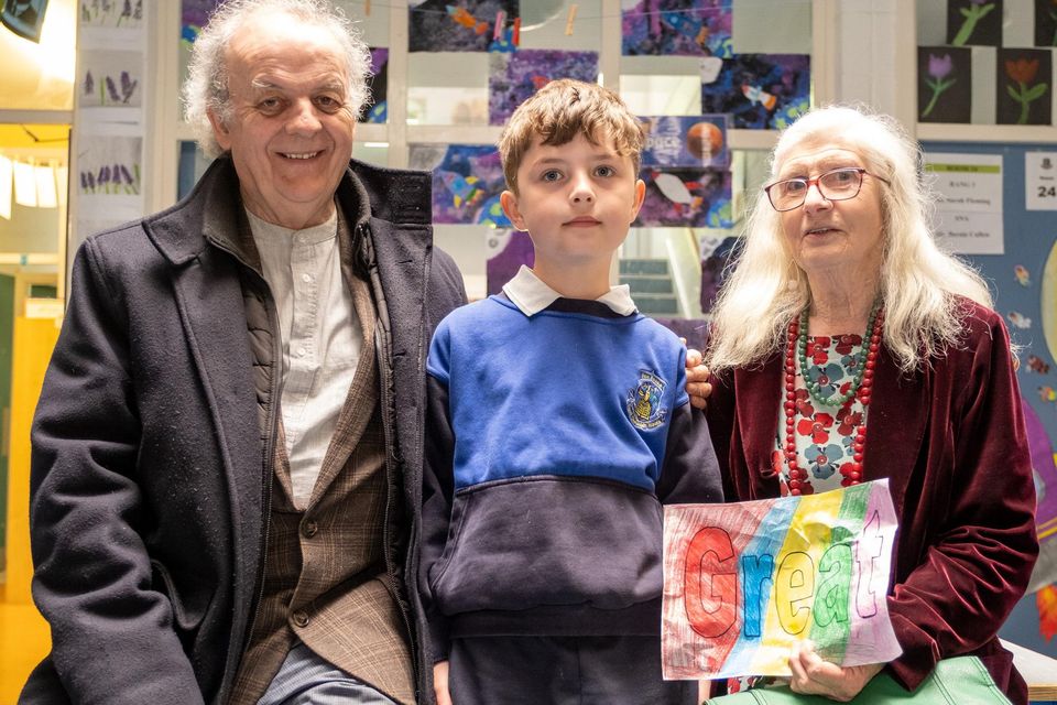 Grandparents Day At St Cronan's BNS Bray. Oisín McCabe with grandparents Dermot and Una