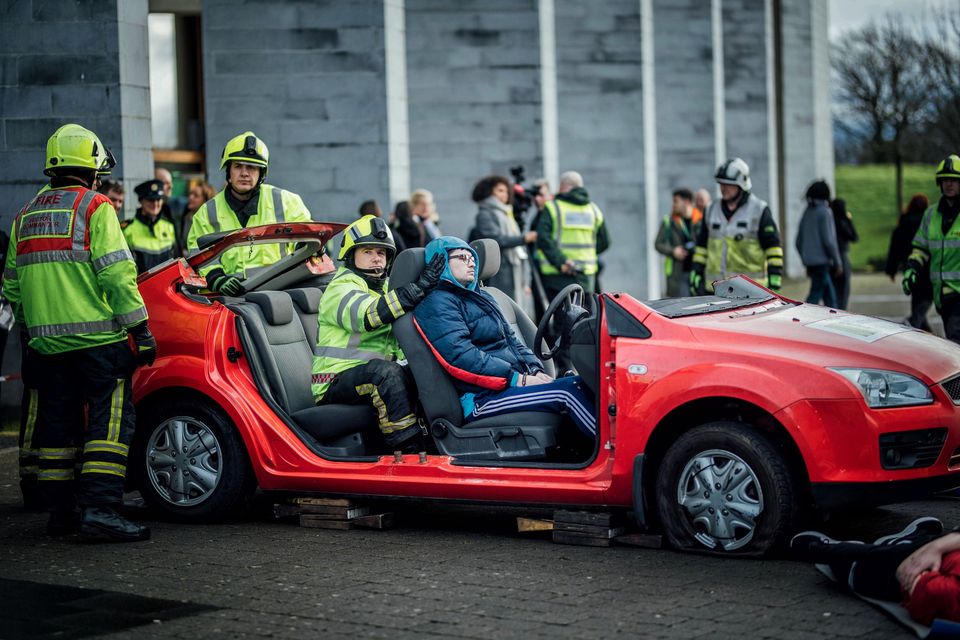 The driver of the armed gang is cut from the getaway car as the Largest ever immersive simulation thrusts UL students into emergency situation. Photo: Brian Arthur