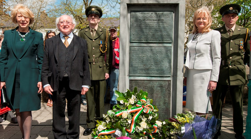 President Michael D Higgins and his wife Sabina with Mary McBride Walsh (right) a grand-niece of Major John McBride at the 1916 commemorations in Westport, Co Mayo, yesterday Photo: Michael Mc Laughlin
