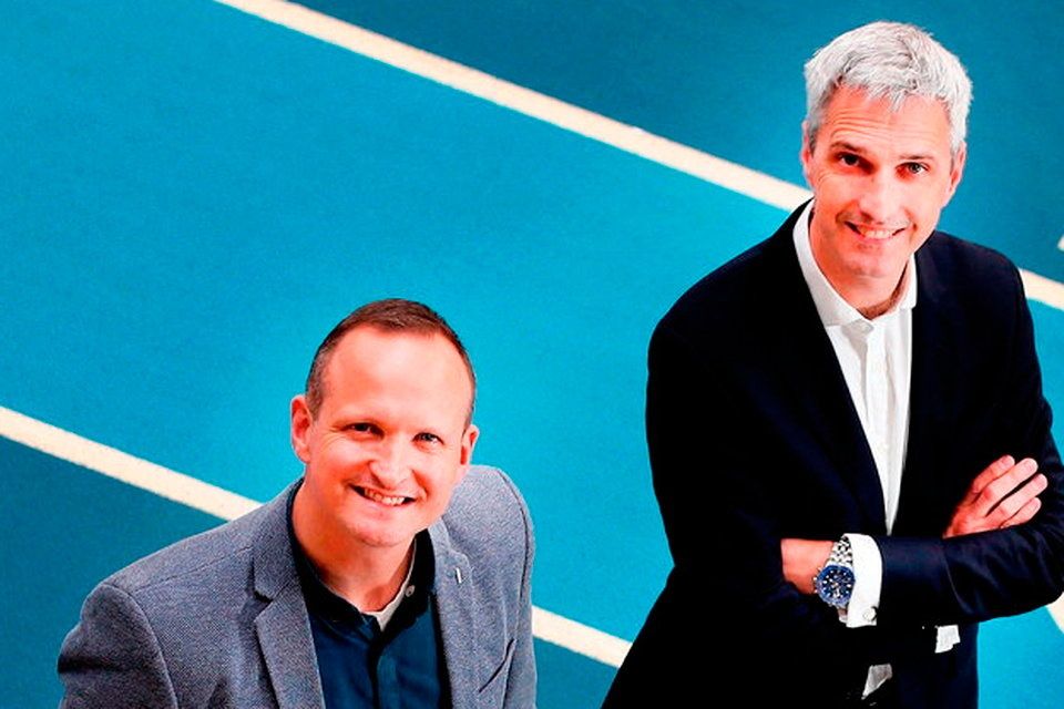 Trevor Twamley, left, and Declan Bourke, co-founders of agency Sport Endorse, at the National Indoor Arena in Abbotstown, Dublin in 2018. Photo: Steve Humphreys