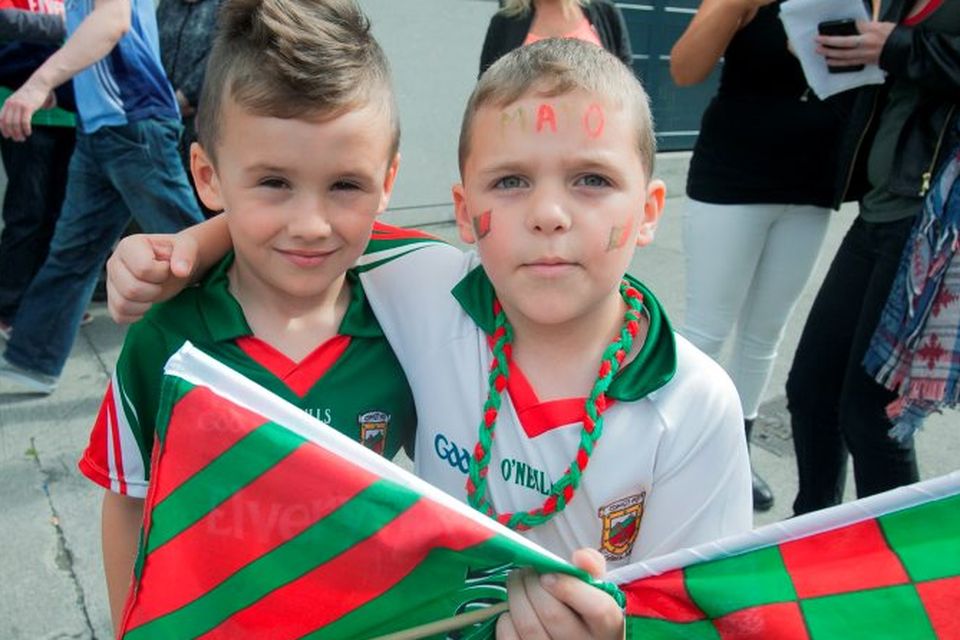 30/08/2015  
GAA fans (L to R) Kacy Mannion 7 & Senan Farrell 7 both from Charlestown  at the GAA Semi Final between Dublin & Mayo in Croke Park, Dublin.
Photo: Gareth Chaney Collins