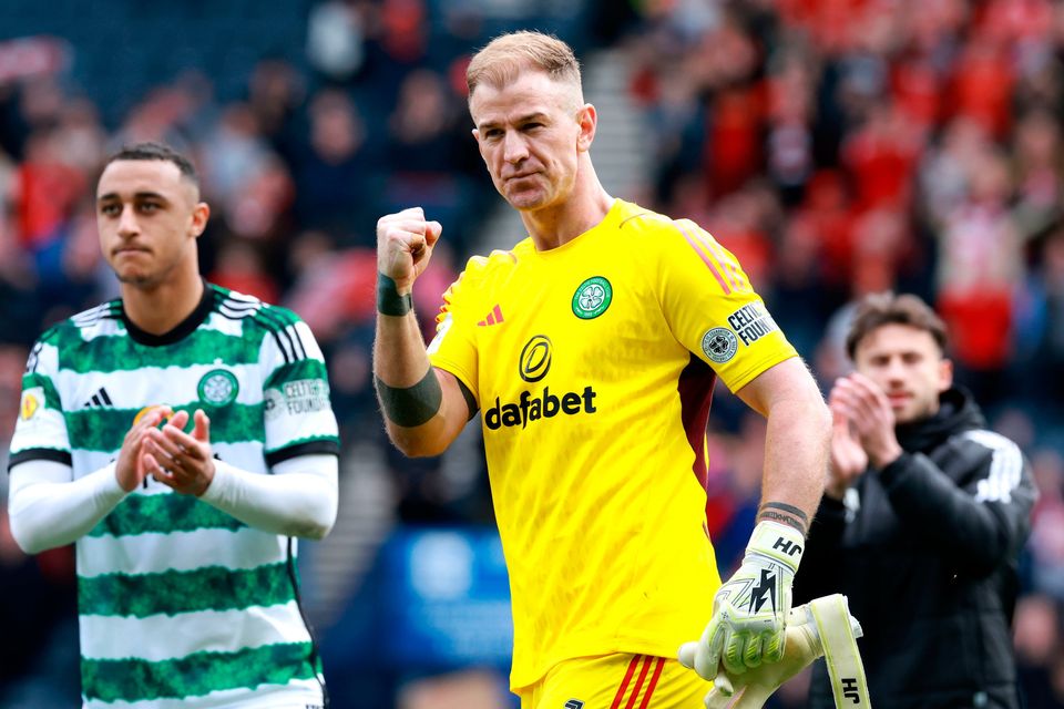 Celtic goalkeeper Joe Hart celebrates after winning the penalty shoot-out of the Scottish Gas Scottish Cup semi-final match. Photo credit: Steve Welsh/PA Wire.