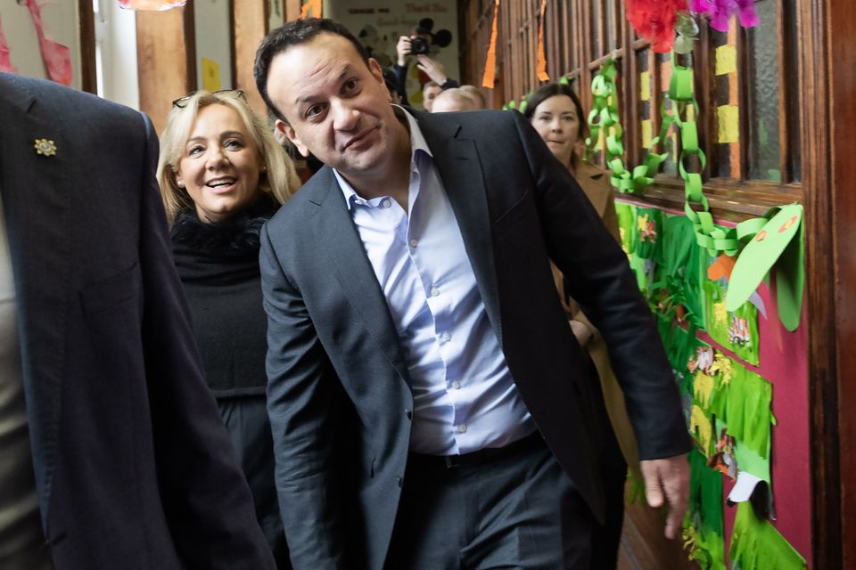Taoiseach Leo Varadkar and Senator Mary Seery-Kearney at Scoil Treasa Naofa CBS, Dublin 8, where they cast their vote. Photo: Collins