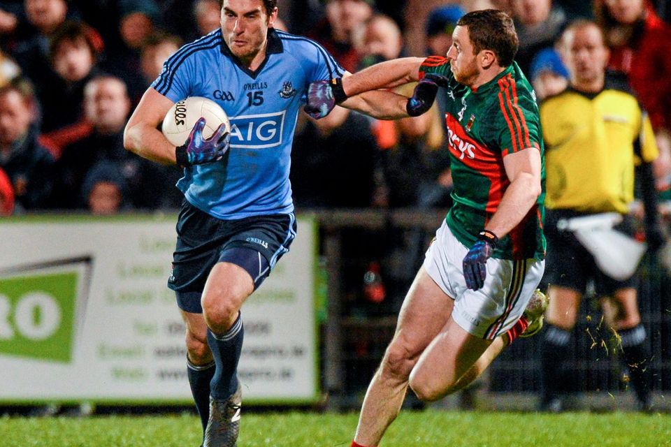 Bernard Brogan, Dublin, in action against Keith Higgins, Mayo