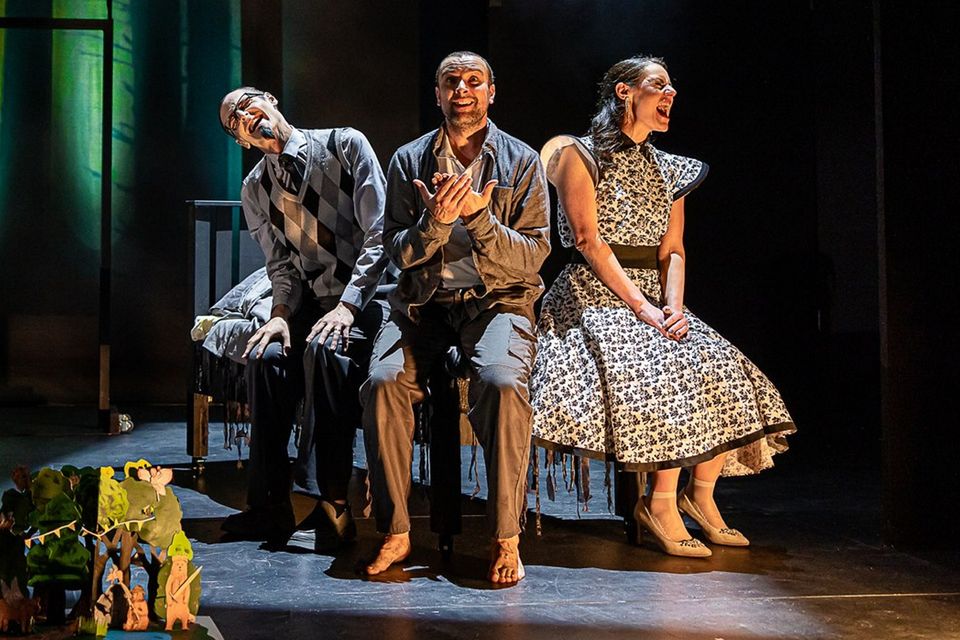 Jude Quinn as Father, Keith Singleton as Katurian and Rosie McClelland as Mother in The Pillowman. Photo: Melissa Gordon