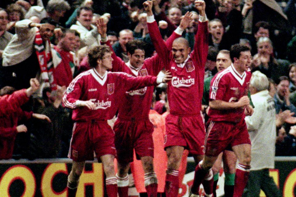 Liverpool's Stan Collymore celebrates his famous winner against Newcastle in 1996