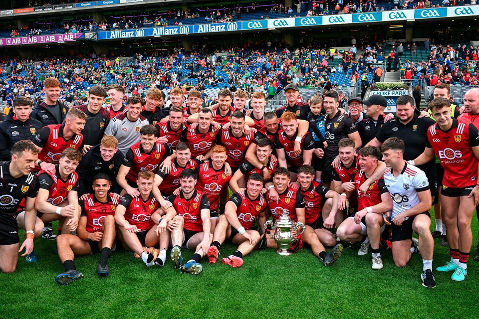 Down captain Pierce Laverty and his team-mates with the Tailteann Cup after their final win over Laois at Croke Park in Dublin. Photo: Ray McManus/Sportsfile