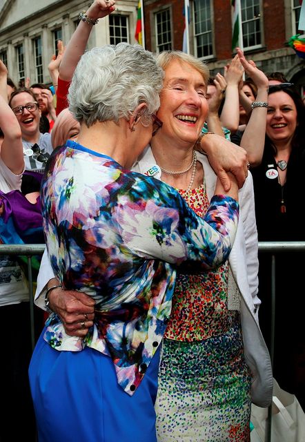 Senator Katherine Zappone (left) with Ann Louise Gilligan at the Central Count Centre in Dublin Castle, Dublin, after Zappone proposed live on TV as votes are continued to be counted in the referendum on same-sex marriage. 
Brian Lawless/PA Wire