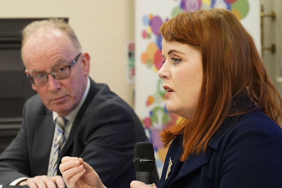 (left to right) Nessan Vaughan and TD Neasa Hourigan speaking at the launch of the St Vincent De Paul “Warm, Safe, Connected” report in Buswells Hotel in Dublin. Picture date: Wednesday March 1, 2023.