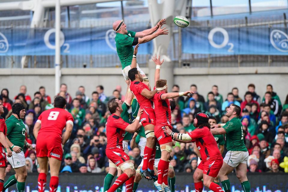 Paul O'Connell, Ireland, wins possession from a lineout against Wales at Lansdowne Road