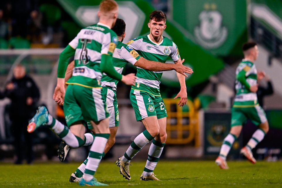 Johnny Kenny (R) of Shamrock Rovers celebrates after scoring his side's late equaliser against Galway United