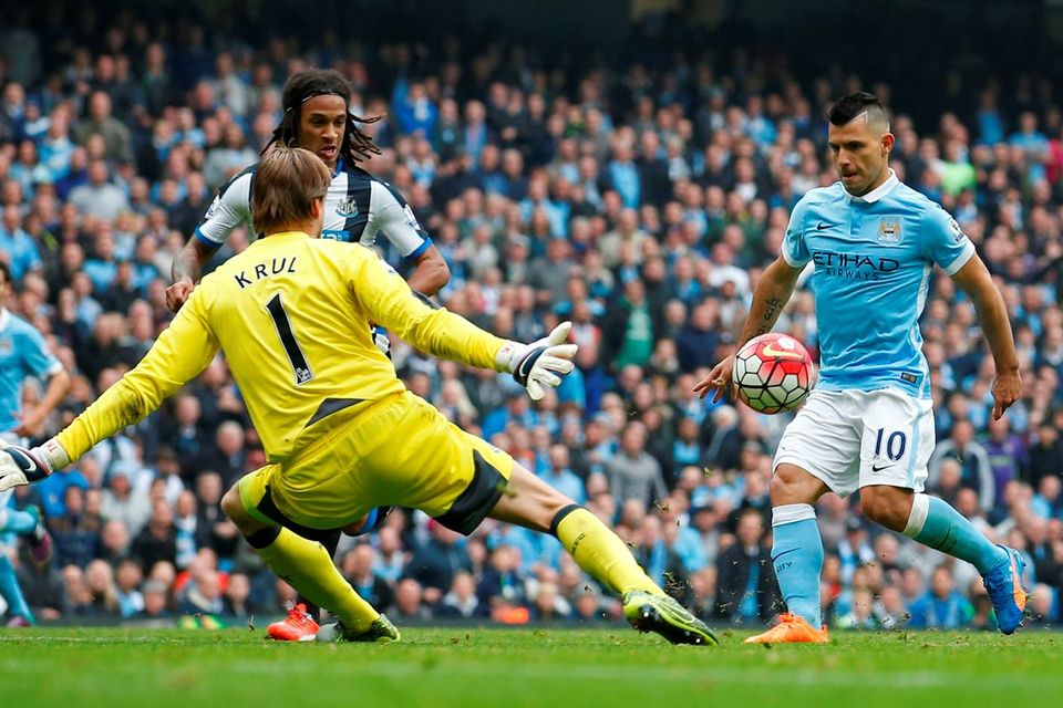 Sergio Aguero scores the third goal for Manchester City and completes his hat trick