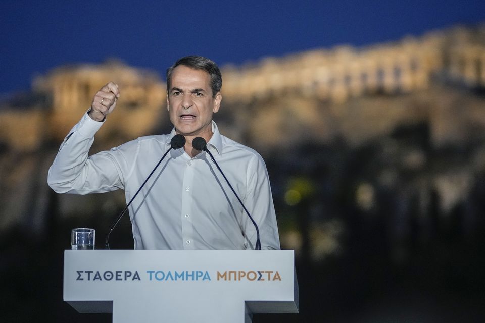 Prime Minister Kyriakos Mitsotakis speaks during his main election campaign rally in Athens. Photo: Thanassis Stavrakis/AP