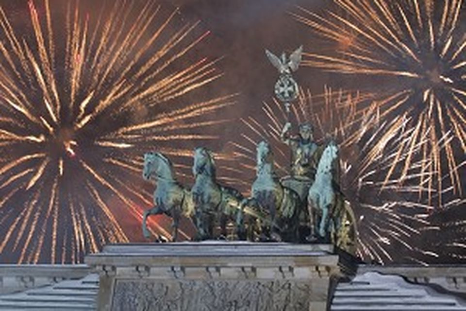 Fireworks light the sky above the Quadriga on the Brandenburg Gate in Berlin, Germany (AP)