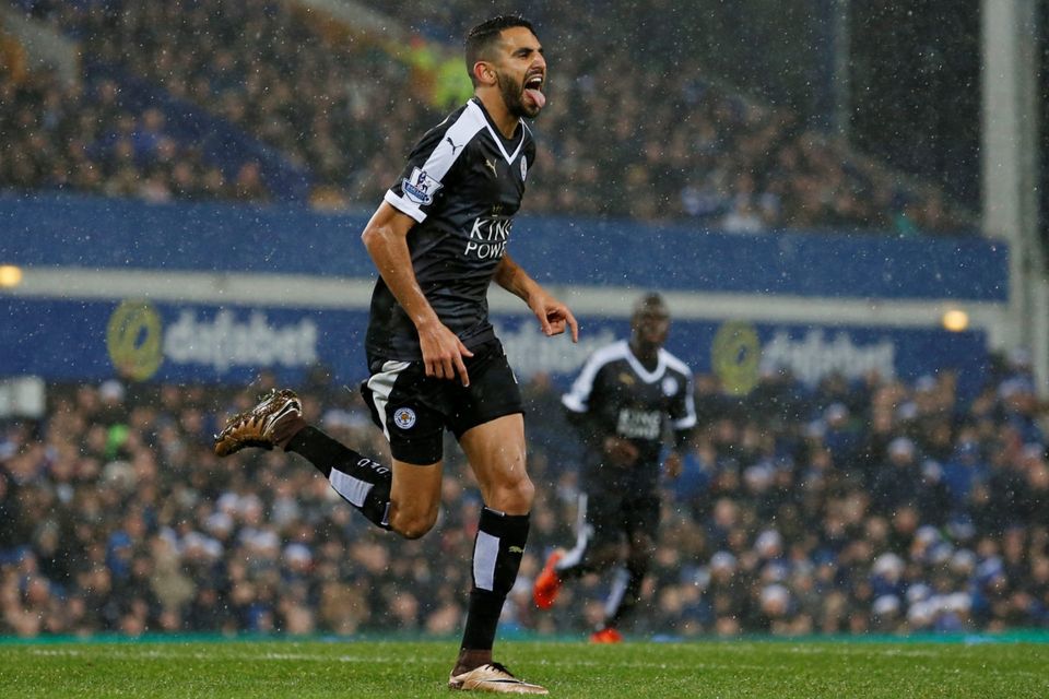 Riyad Mahrez celebrates scoring the second goal for Leicester from the penalty spot in the win over Everton on Saturday Photo:Reuters
