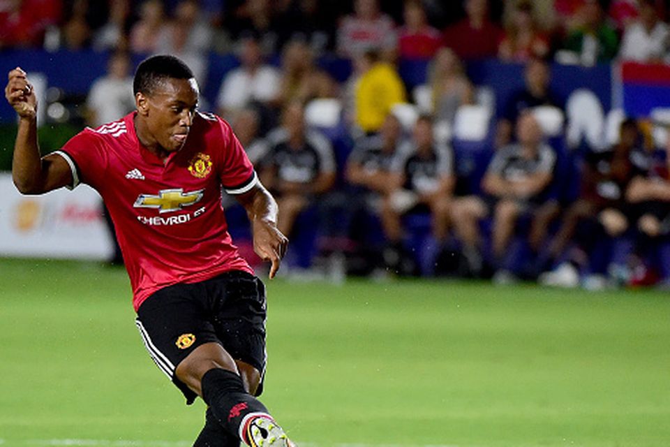 CARSON, CA - JULY 15:  Anthony Martial #11 of Manchester United scores to take a 5-0 lead over the Los Angeles Galaxy during the second half at StubHub Center on July 15, 2017 in Carson, California.  (Photo by Harry How/Getty Images)