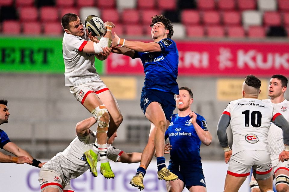 Jacob Stockdale of Ulster (left) and Max O'Reilly of Leinster compete for possession during the PRO14 match at Kingspan Stadium. Despite Ulster's defeat, Stockdale showed enough to put himself in the frame for key role against Scotland. Photo: Ramsey Cardy/Sportsfile