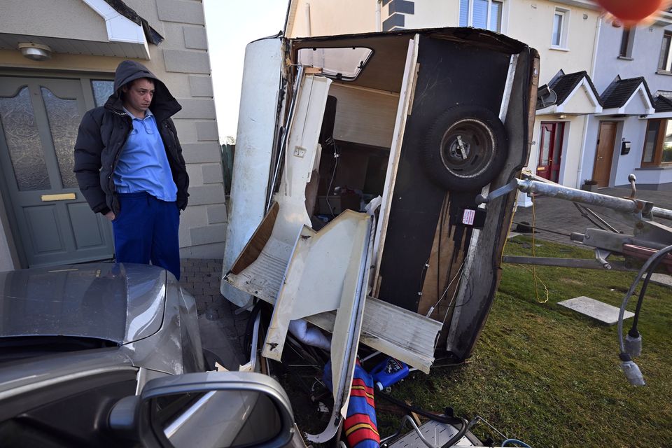 Michael Ward from Tuam, Co Galway, had a fortunate escape when his caravan overturned from the force of Storm Éowyn. Photo: Ray Ryan