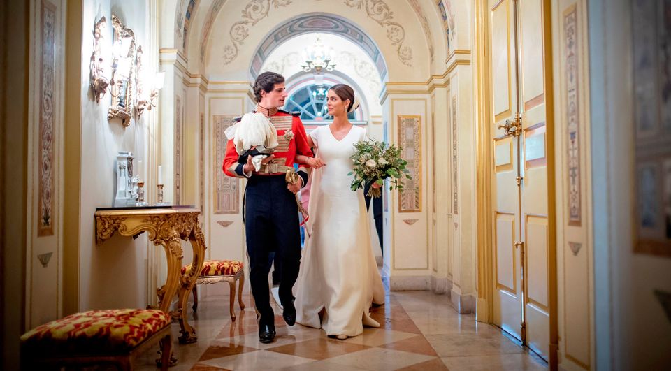 Fernando Fitz-James Stuart and Sofia Palazuelo are seen at their wedding on October 6, 2018 in Madrid, Spain. (Photo by Pool via Getty Images)