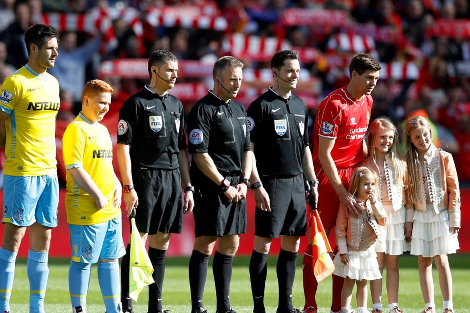 Football - Liverpool v Crystal Palace - Barclays Premier League - Anfield - 16/5/15
Liverpool's Steven Gerrard with family as he lines up before his final game at Anfield
Action Images via Reuters / Carl Recine