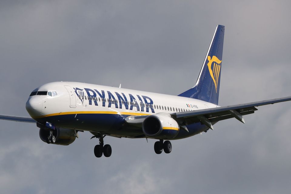 A Ryanair jet lands at Dublin Airport