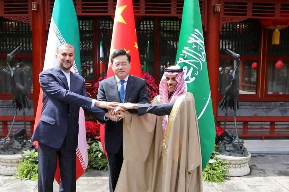 Iranian Foreign Minister Hossein Amir-Abdollahian, Saudi Arabia's Foreign Minister Prince Faisal bin Farhan Al Saud and Chinese Foreign Minister Qin Gang met yesterday in Beijing, China. Photo: Iran's Foreign Ministry/WANA via REUTERS