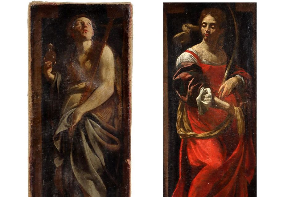 A pair of portraits depicting female saints, sold at Fonsie Mealy