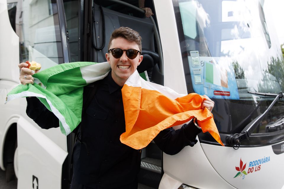 Ireland's Ryan O'Shaughnessy pictured departing his hotel on the way to the Altice Arena in Lisbon for the final of the Eurovision Song Contest 2018. Picture: Andres Poveda