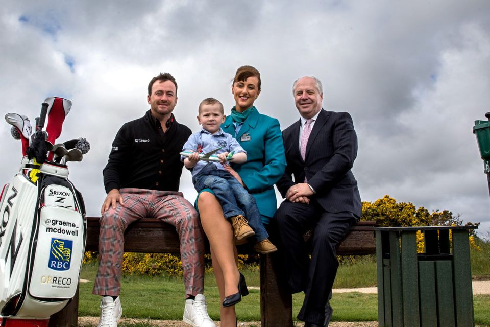 Graeme McDowell with PJ  Kearney (4) from Donegal, Aer Lingus's Alison Raymond and Joe Quinsey CEO of Children's Medical & Research Foundation. Photo: INPHO/Billy Stickland