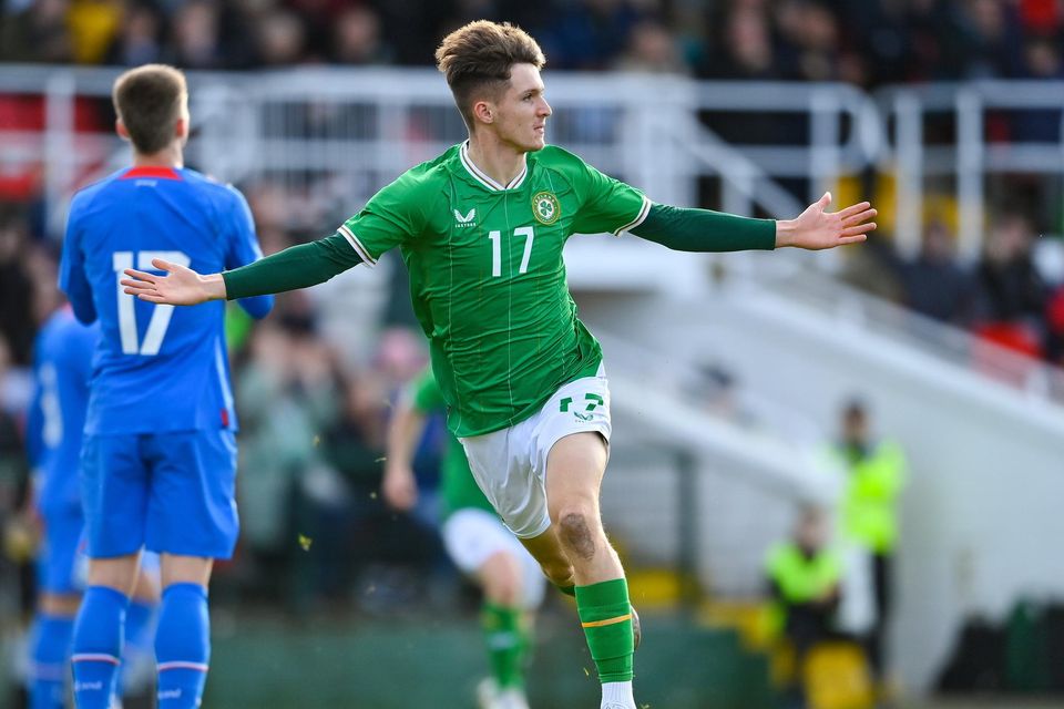 Johnny Kenny of Republic of Ireland celebrates after scoring his side's second goal during the Under-21 international friendly match between Republic of Ireland and Iceland at Turners Cross in Cork. Pic: Seb Daly/Sportsfile