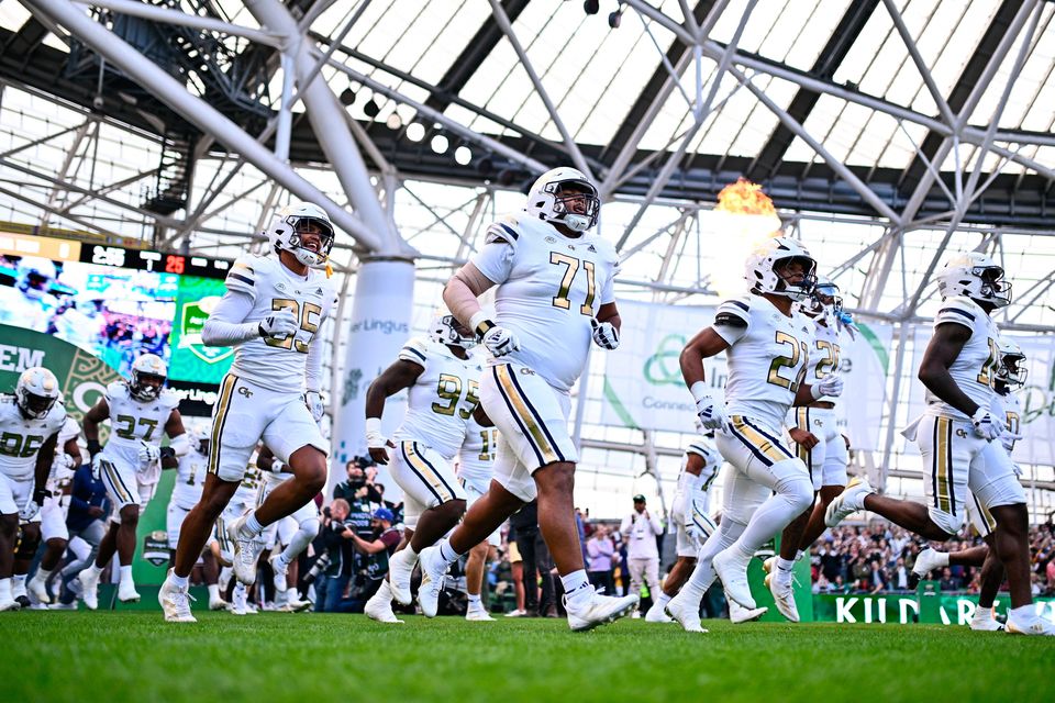 24 August 2024; Georgia Tech Yellow Jackets offensive lineman Jordan Brown before the 2024 Aer Lingus College Football Classic match between Florida State and Georgia Tech at Aviva Stadium in Dublin. Photo by Ben McShane/Sportsfile 