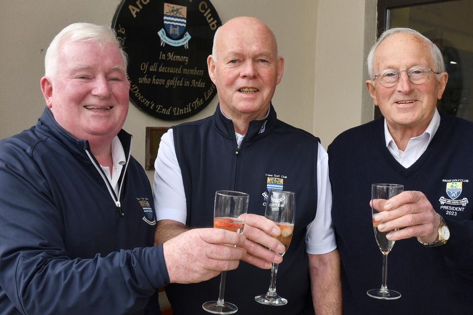 Cheers....Captain Timmy O'Callaghan (Centre), Vice Captain Dominic McGuinness (left)and Seán McCann President at the Ardee Golf Club Captains' Drive In. Photo: Ken Finegan/www.newspics.ie