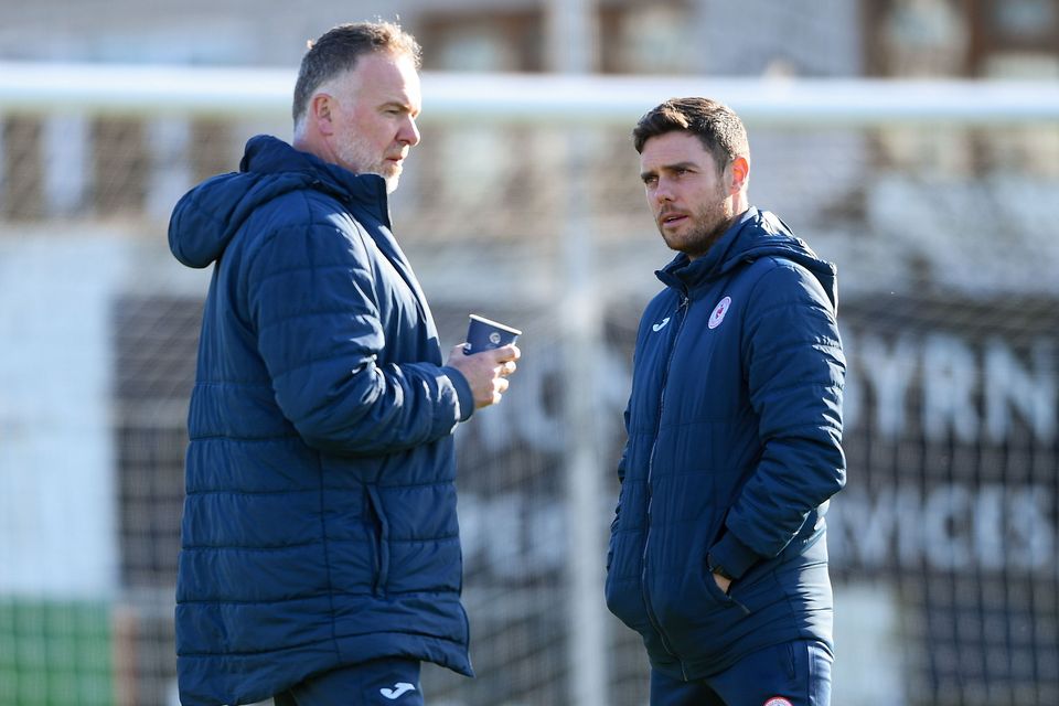 Sligo Rovers manager John Russell with assistant manager Ryan Casey. Pic: Shauna Clinton/Sportsfile.