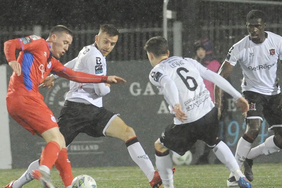 Jack Moylan scores a goal for Shelbourne during the Leinster Senior Cup game against Dundalk in Oriel Park on Friday night. Picture: Aidan Dullaghan/Newspics