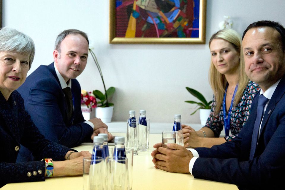 Taoiseach Leo Varadkar meets British Prime Minister Theresa May at a bi-lateral meeting in Sofia. Photo: AP