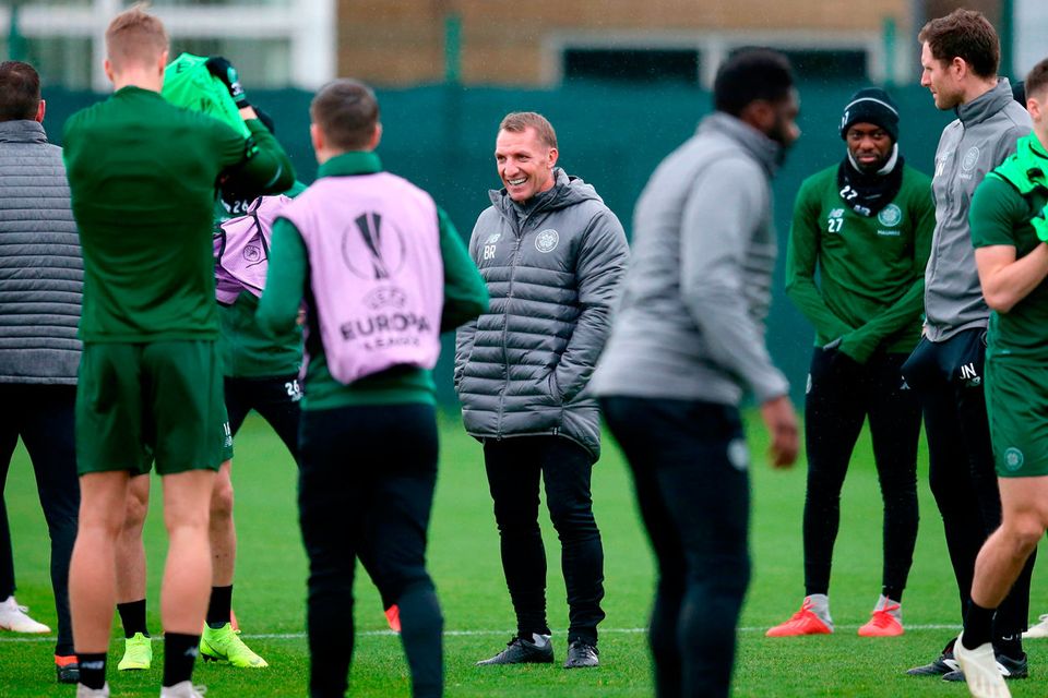 BIG TEST: Celtic manager Brendan Rodgers is pictured amongst his players in training ahead of tonight’s Europa League Group B tie. Photo: PA