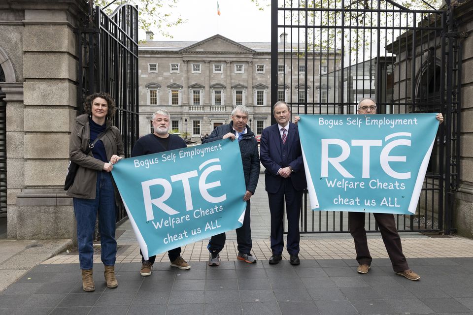 Current and former RTÉ workers protest outside Leinster House over bogus self-employment. Photo: Sam Boal/Collins Photos