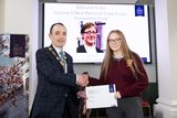 thumbnail: President of the Law Society, Barry MacCarthy and Ellie Cowley, Jesus and Mary Secondary School Enniscrone Sligo